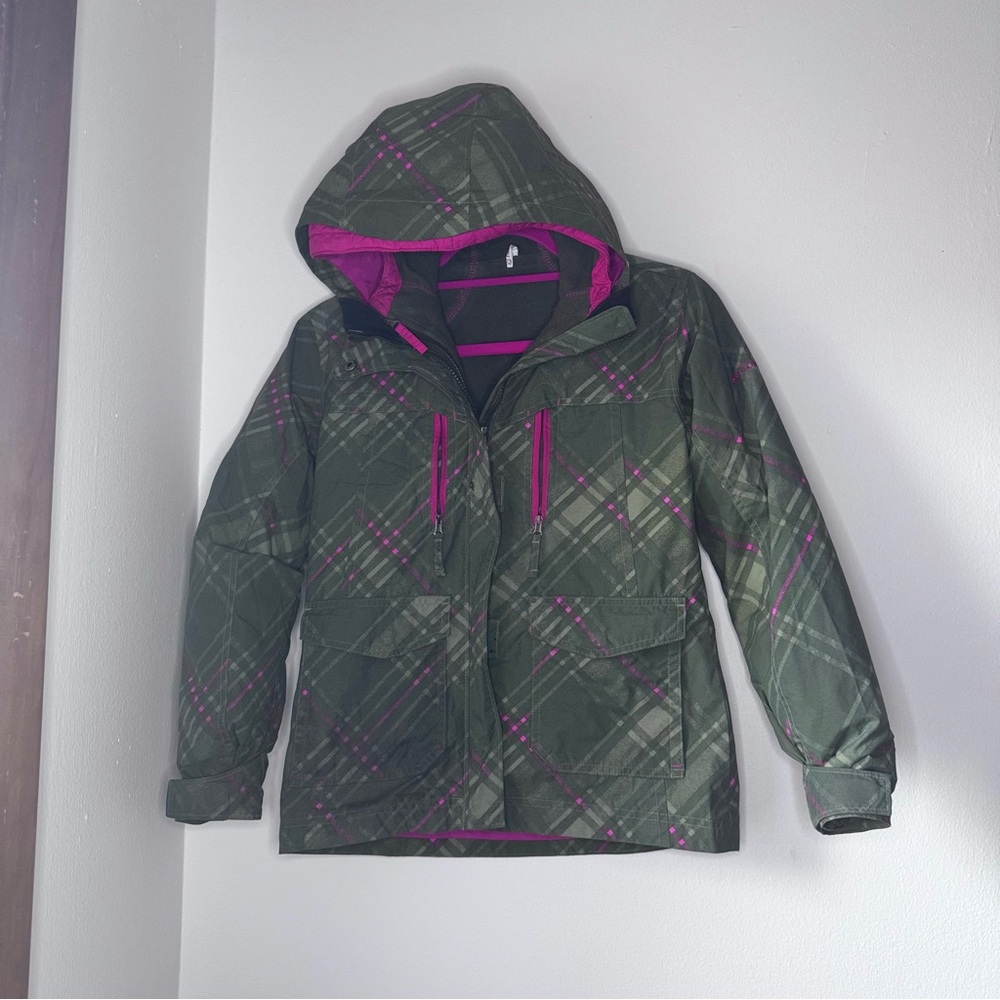 Columbia 3-in-1‎ green pink plaid coat system removable reversible interior
